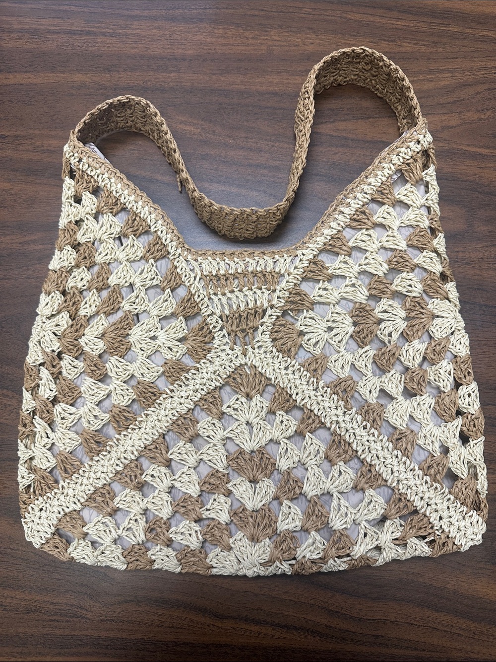 Crocheted Two-Tone Beige & Brown Tote Bag
